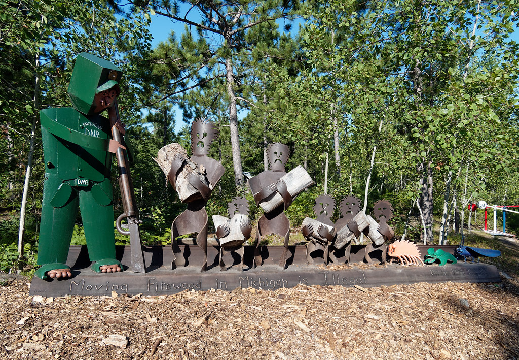 Picture of the metal sculpture called Woodsy Warning in Lakenenland sculpture park. This sculpture features seven people, six holding logs, and one pointing at them with metal animals following them.